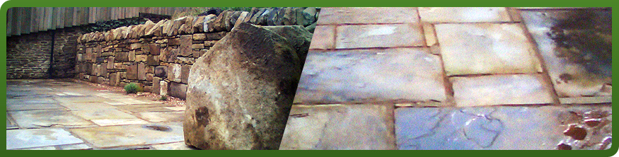 Randomly-bonded York-stone paving in Heeley, Sheffield